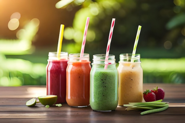 un montón de botellas de jugo con fresas y fresas en la mesa.