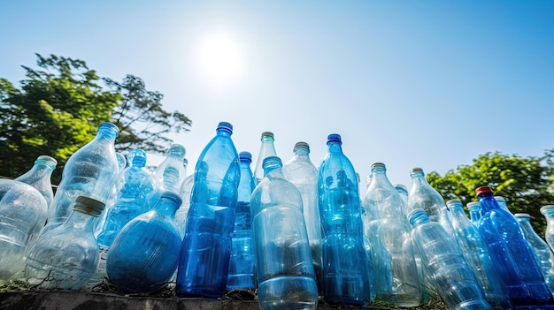 Montón de botellas de plástico usadas en un cielo despejado y fondo de árboles Generado ai