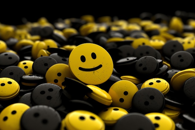 Un montón de botones negros y amarillos con una cara sonriente en el medio.