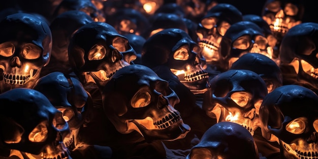 Montón brillante de calaveras espeluznantes que emiten una luz espeluznante Colección espeluznante de calaveras iluminadas para Halloween AI Generative