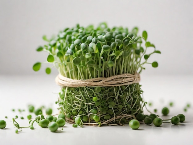 Un montón de brotes de guisantes verdes micro verdes sobre un fondo blanco