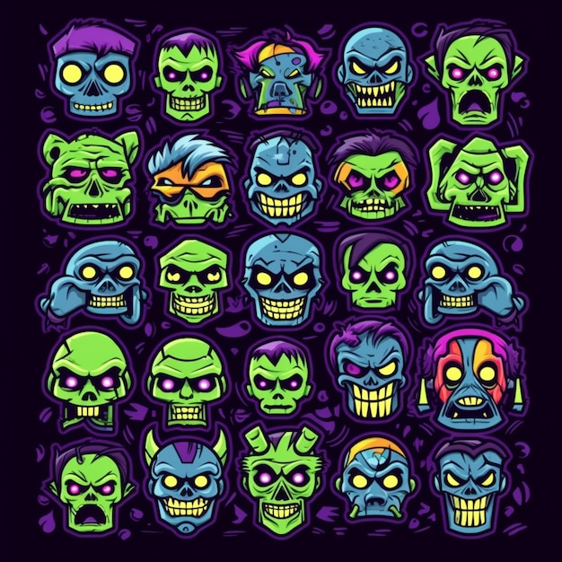 Un montón de cabezas de zombies de dibujos animados con diferentes colores y tamaños generativos ai