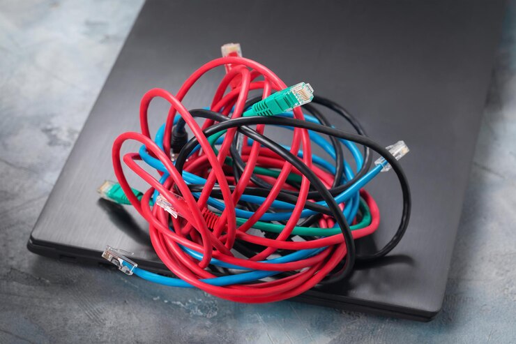 Foto un montón de cables en una computadora portátil un concepto sobre el tema de la confusión en la conexión a una red local