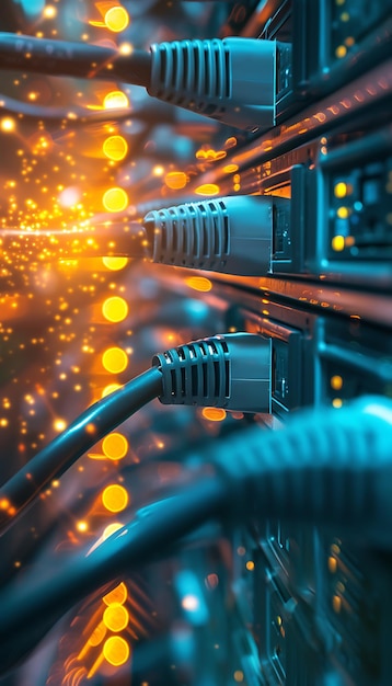 un montón de cables con luces y un borrón de luces en el fondo