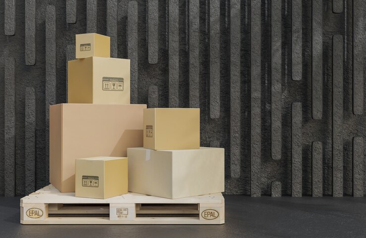 Montón de cajas de cartón para la entrega de mercancías en palet de madera, paquetes sobre fondo de piedra negra., Modelo 3d e ilustración.