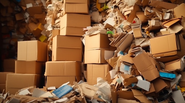 Montón de cajas de cartón usadas, restos de papel y basura de papel