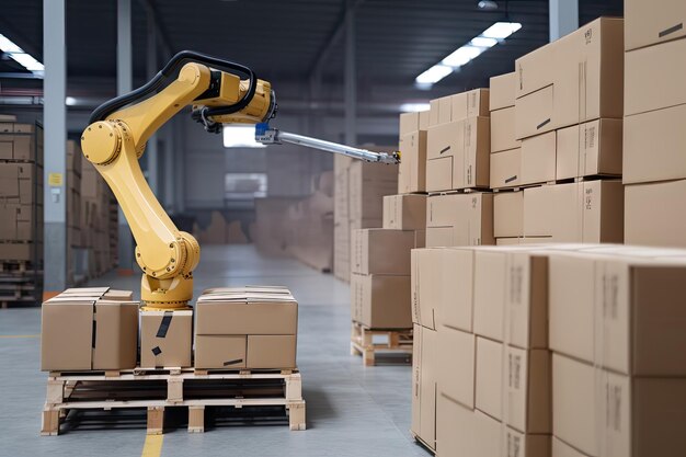Montón de cajas que se recogen y colocan en palés por un robot creado con inteligencia artificial generativa