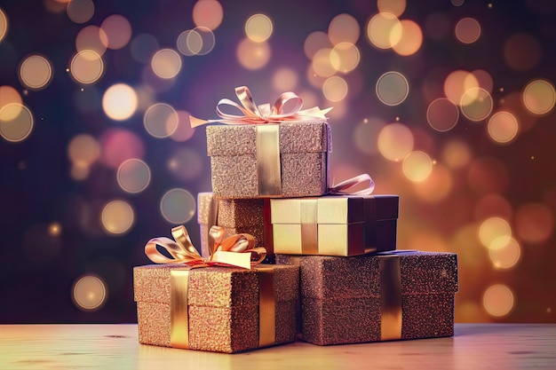 Un montón de cajas de regalo bellamente envueltas con un ambiente festivo y partículas voladoras