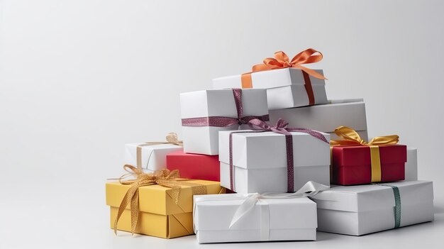 Montón de cajas de regalo blancas con cintas de colores con ai generativo