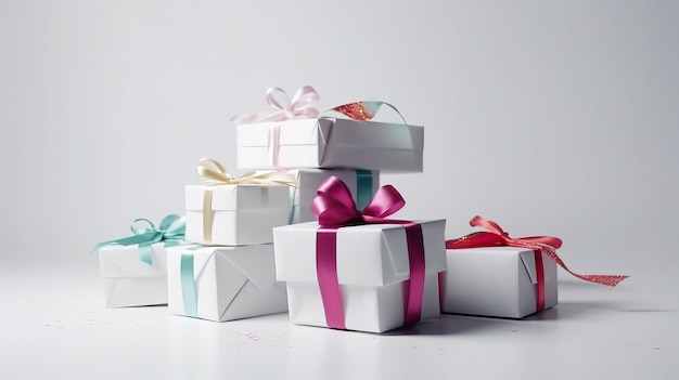 Montón de cajas de regalo blancas con cintas de colores con ai generativo