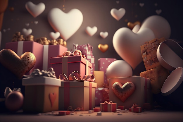 Un montón de cajas de regalo en casa Día de San Valentín globos corazón amor vacaciones estado de ánimo 3d ilustración