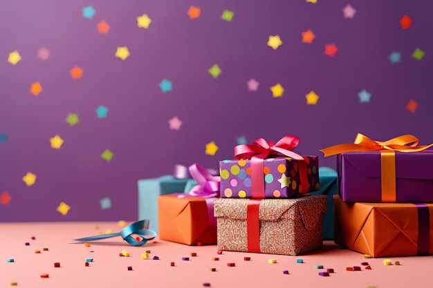 Un montón de cajas de regalo coloridas con un fondo morado y un fondo morado con estrellas