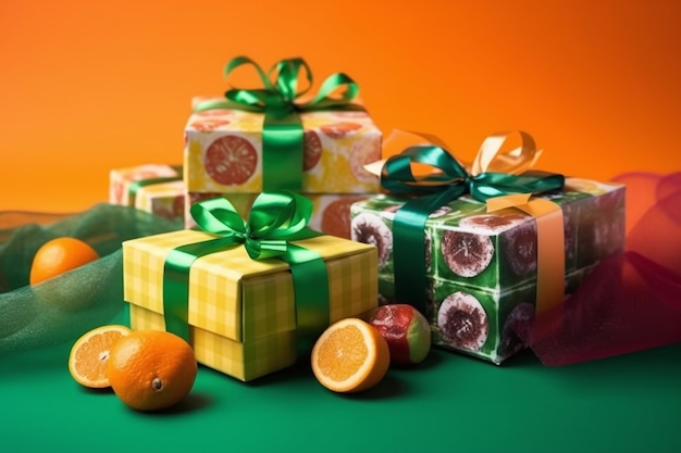 Un montón de cajas de regalo envueltas con una cinta verde atada alrededor y una naranja a la derecha.