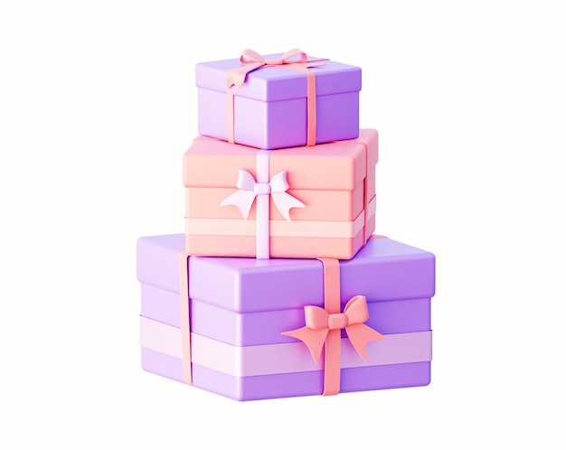 Montón de cajas de regalo envueltas en rosa y púrpura en estilo de juguete de dibujos animados