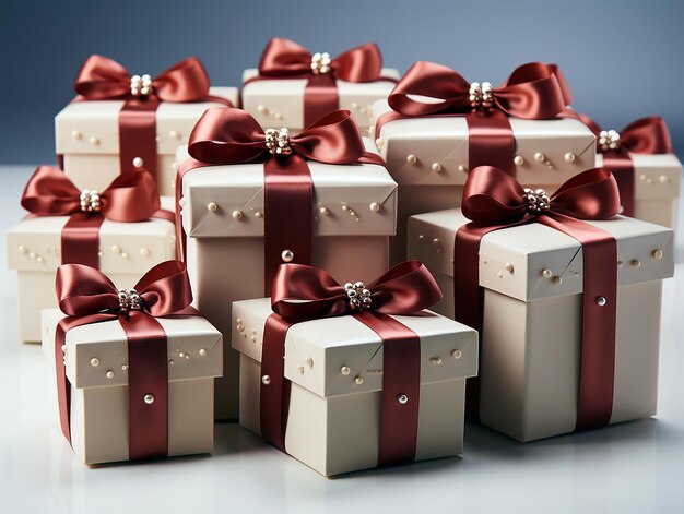 un montón de cajas de regalos con una cinta roja en la parte inferior.