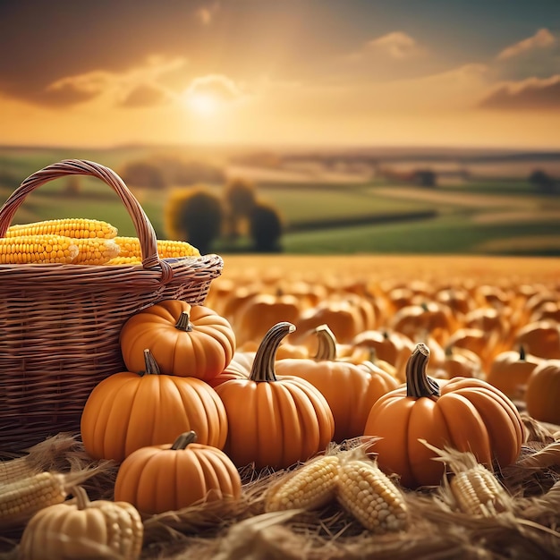 un montón de calabazas están en un campo de maíz