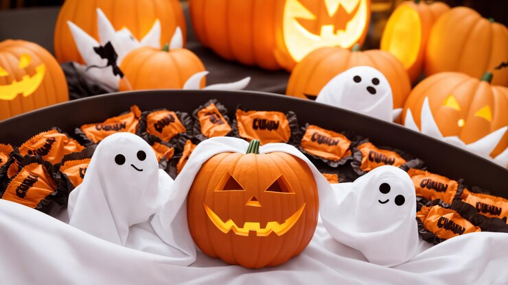 un montón de calabazas con fantasmas y fantasmas en ellos