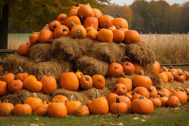 Foto un montón de calabazas con un pajar en el fondo