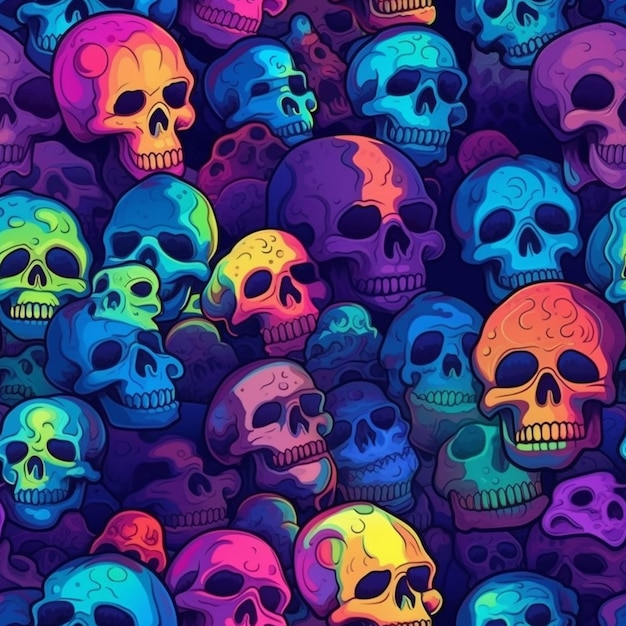 Un montón de calaveras de colores están por todas partes ai generativo