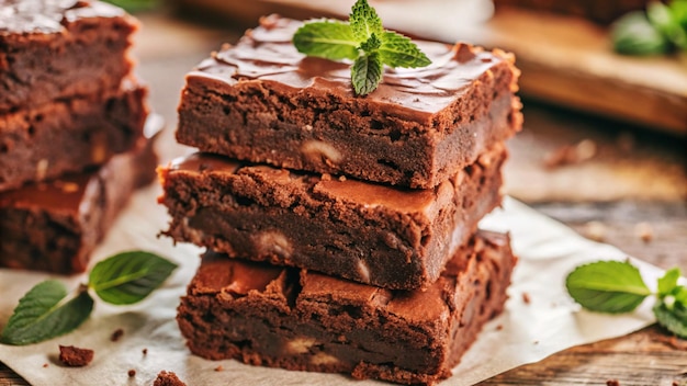 un montón de caramelo de chocolate y hojas de menta