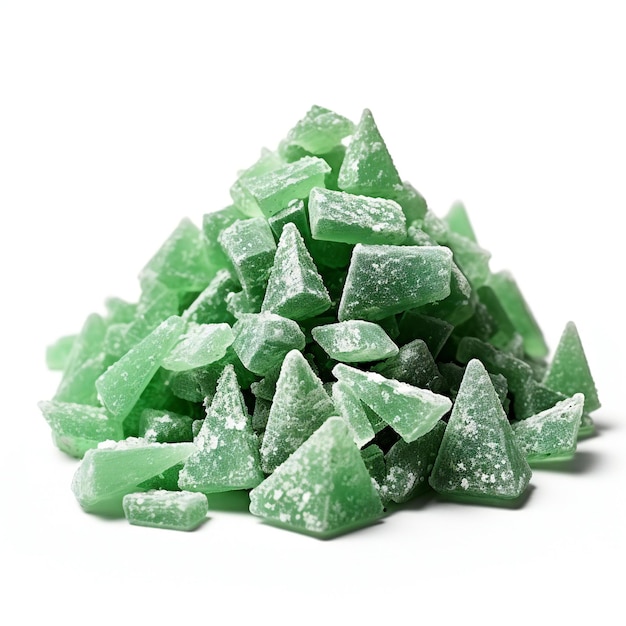 Un montón de caramelos de cristal verde congelado aislados en un recorte de fondo blanco