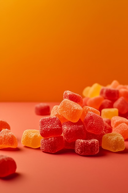 Un montón de caramelos naranjas y rojos se sienta en una mesa con un fondo naranja.