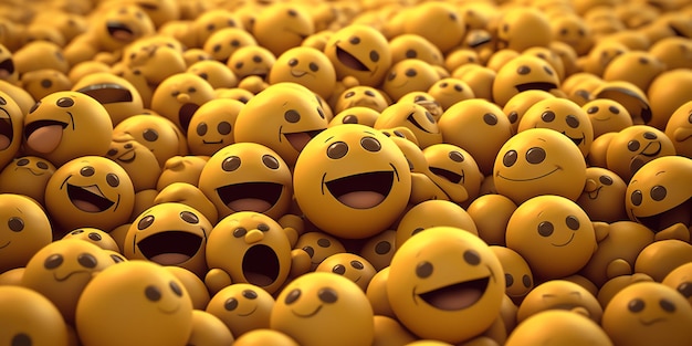 Un montón de caras sonrientes amarillas con una que dice feliz.