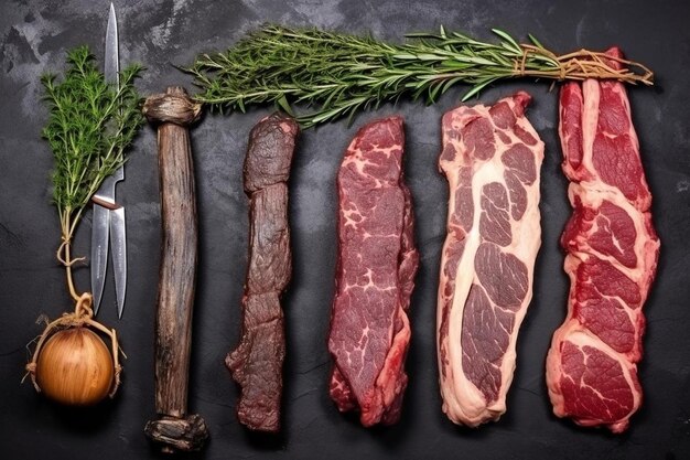 Foto un montón de carne cruda y un cuchillo sobre una mesa