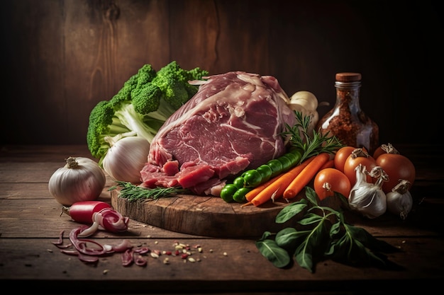 un montón de carne cruda y verduras en una mesa de madera