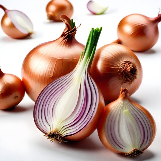 Foto un montón de cebollas con una cebolla púrpura y verde en el fondo