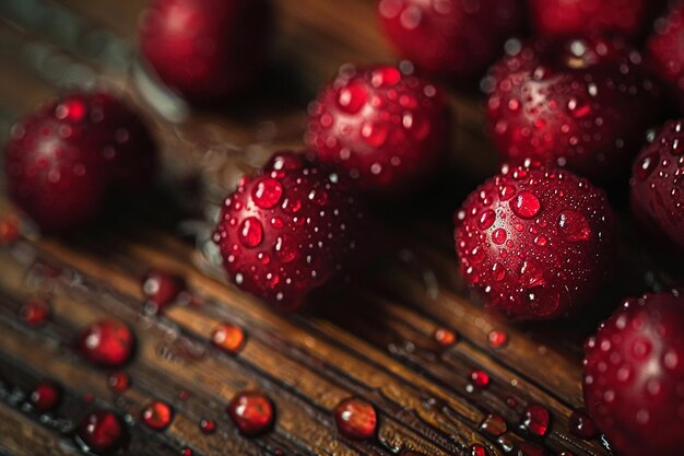 un montón de cerezas con gotas de agua en ellos
