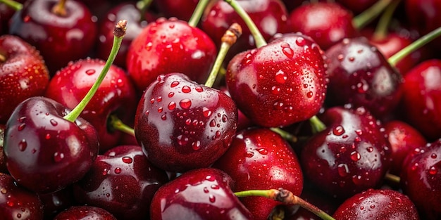 un montón de cerezas con gotas de agua en ellos