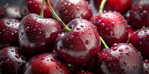 un montón de cerezas con gotas de agua en ellos