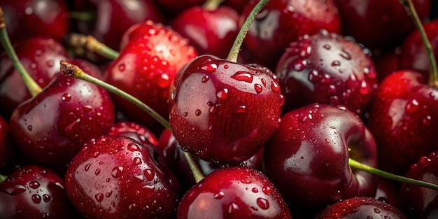 un montón de cerezas con gotas de agua en ellos