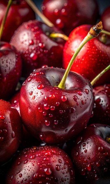 un montón de cerezas con gotas de agua en ellos