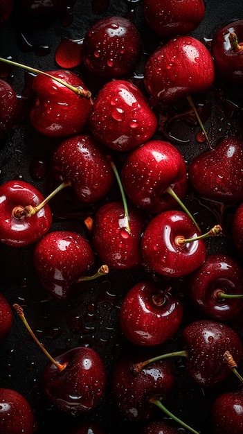 Un montón de cerezas con gotas de agua sobre ellas.