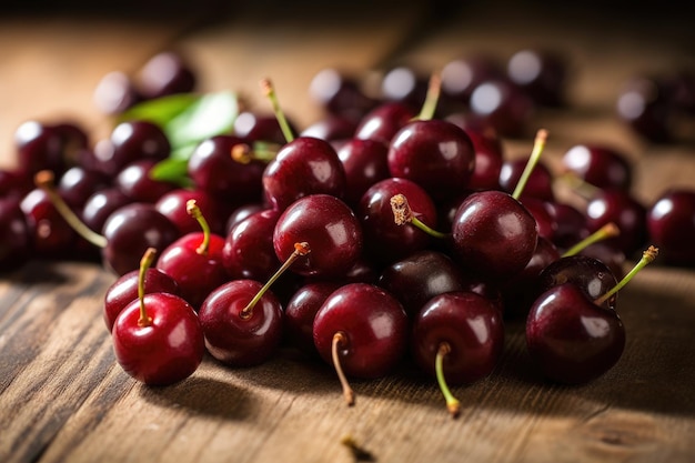 Un montón de cerezas en una mesa de madera