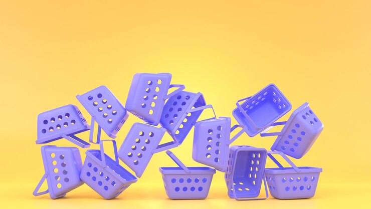 Foto montón de cestas de compras moradas sobre fondo amarillo 3d pila vacía carrito de supermercado caja cuadrada de plástico para llevar y comprar comestibles en el mercado de tiendas minoristas o centro comercial concepto de marketing digital