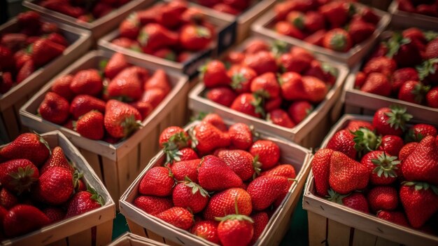 Un montón de cestas con fresas maduras frescas a la venta