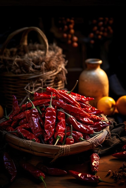 Un montón de chile rojo seco en el recipiente con fondo oscuro