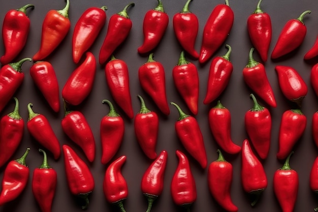 Un montón de chiles rojos están dispuestos sobre un fondo oscuro