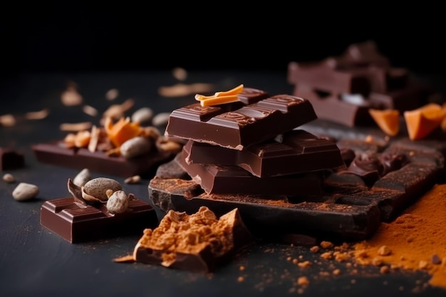 Montón de chocolate con nueces y cáscaras de naranja encima IA generativa