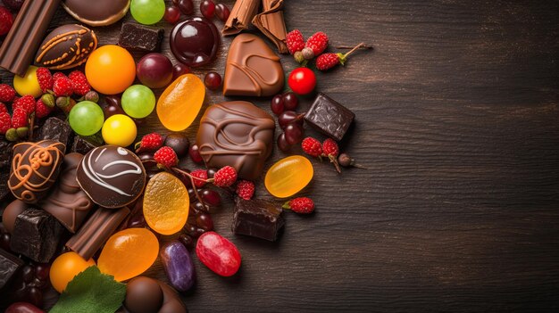 Foto un montón de chocolates con diferentes dulces sobre un fondo oscuro