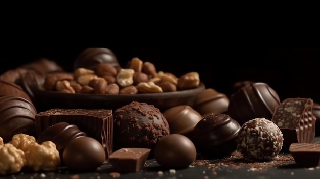 Un montón de chocolates y nueces están sobre una mesa.