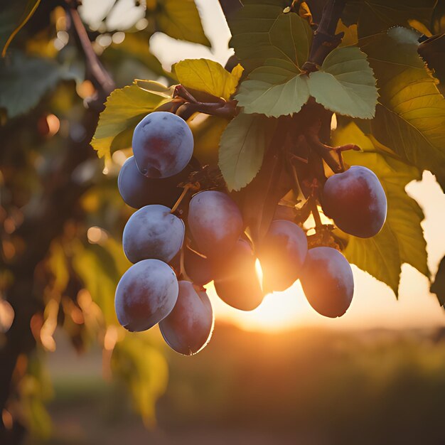 un montón de ciruelas colgando de un árbol con el sol brillando a través de las hojas