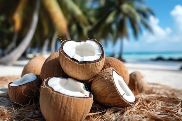 Un montón de cocos descansando sobre la arena prístina