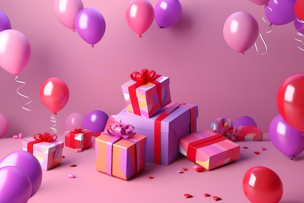 Un montón de coloridas cajas de regalo con fondo rosa y globos.