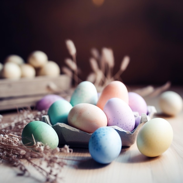 Un montón de coloridos huevos de pascua están sobre una mesa.