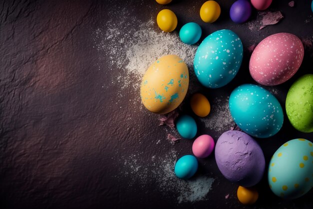 Un montón de coloridos huevos de pascua con flores en la mesa