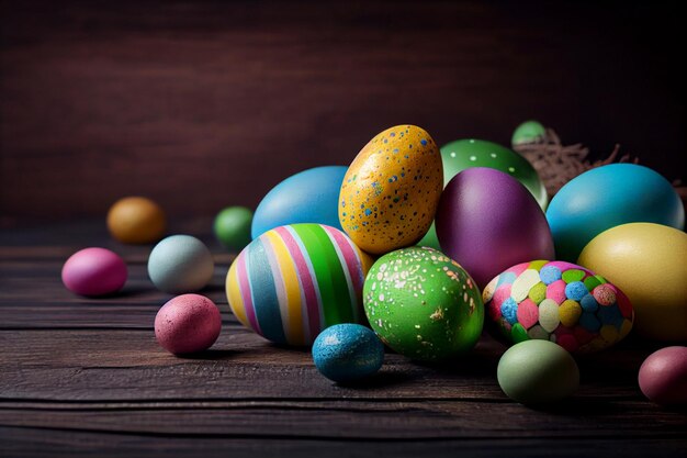 Un montón de coloridos huevos de pascua en una mesa de madera